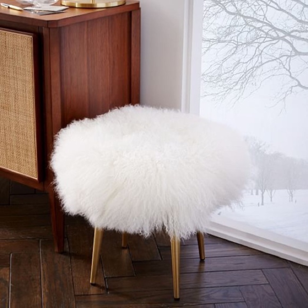 West Elm Mongolian Lamb Wool Stool Gold